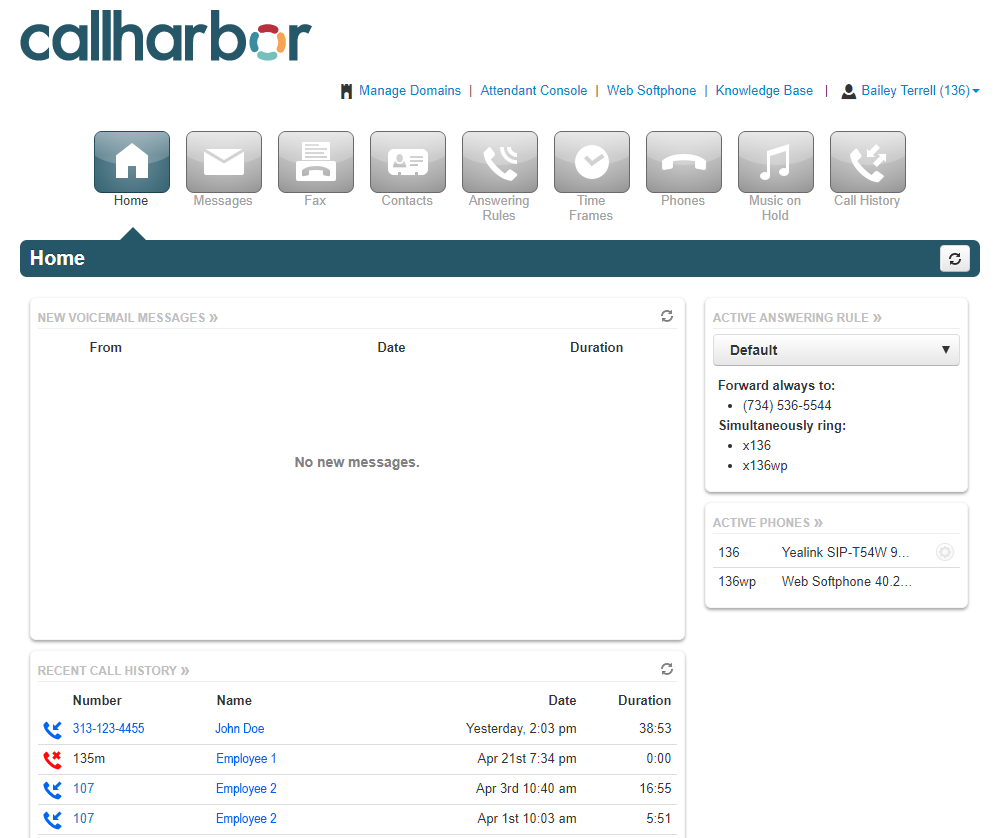 CallHarbor home - user domain