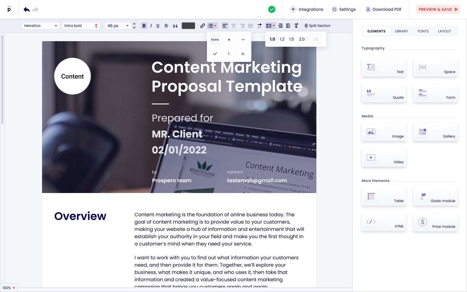 Customise your proposal templates easily by dragging and dropping different elements