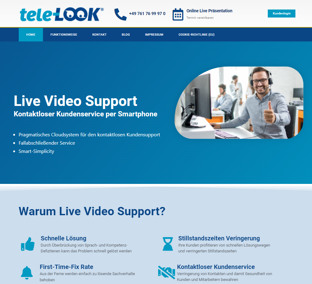 tele-LOOK screenshot: tele-LOOK Live Video Support . Allows your customer service to remotely assess and resolve a problem situation.