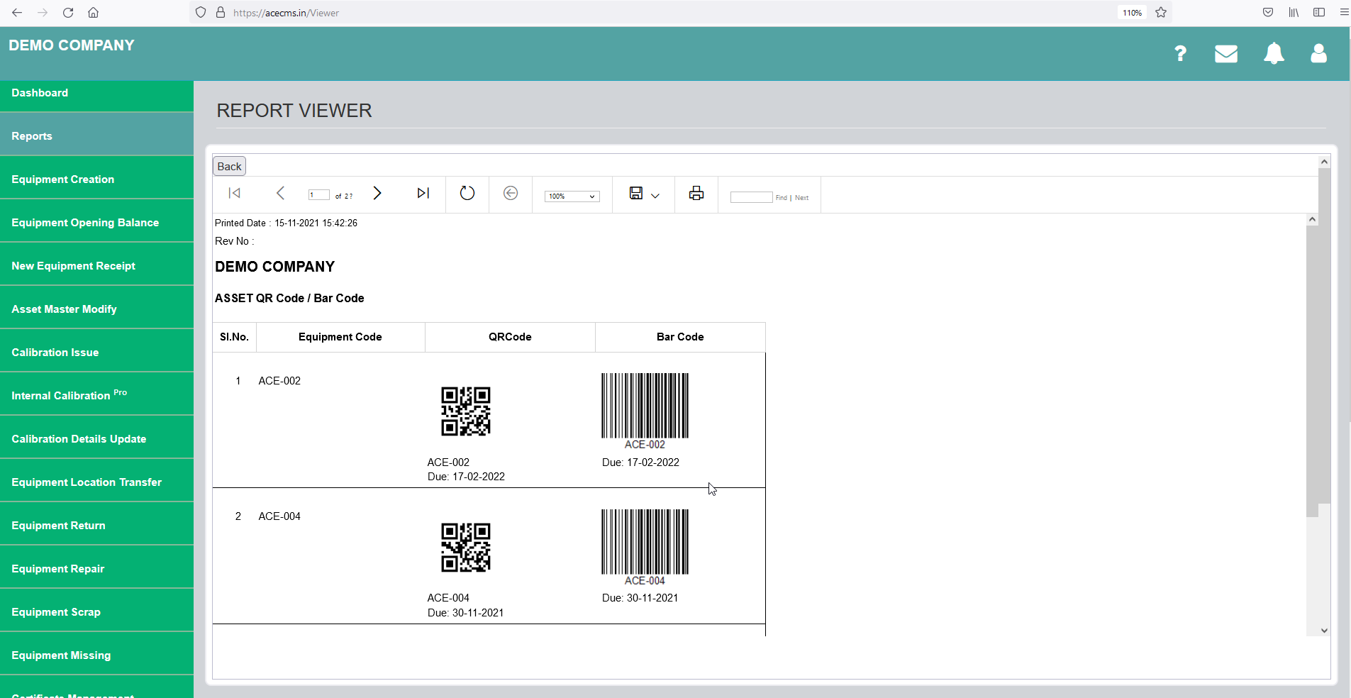ACE Calibration Management System - QR and BAR Code Generation Page