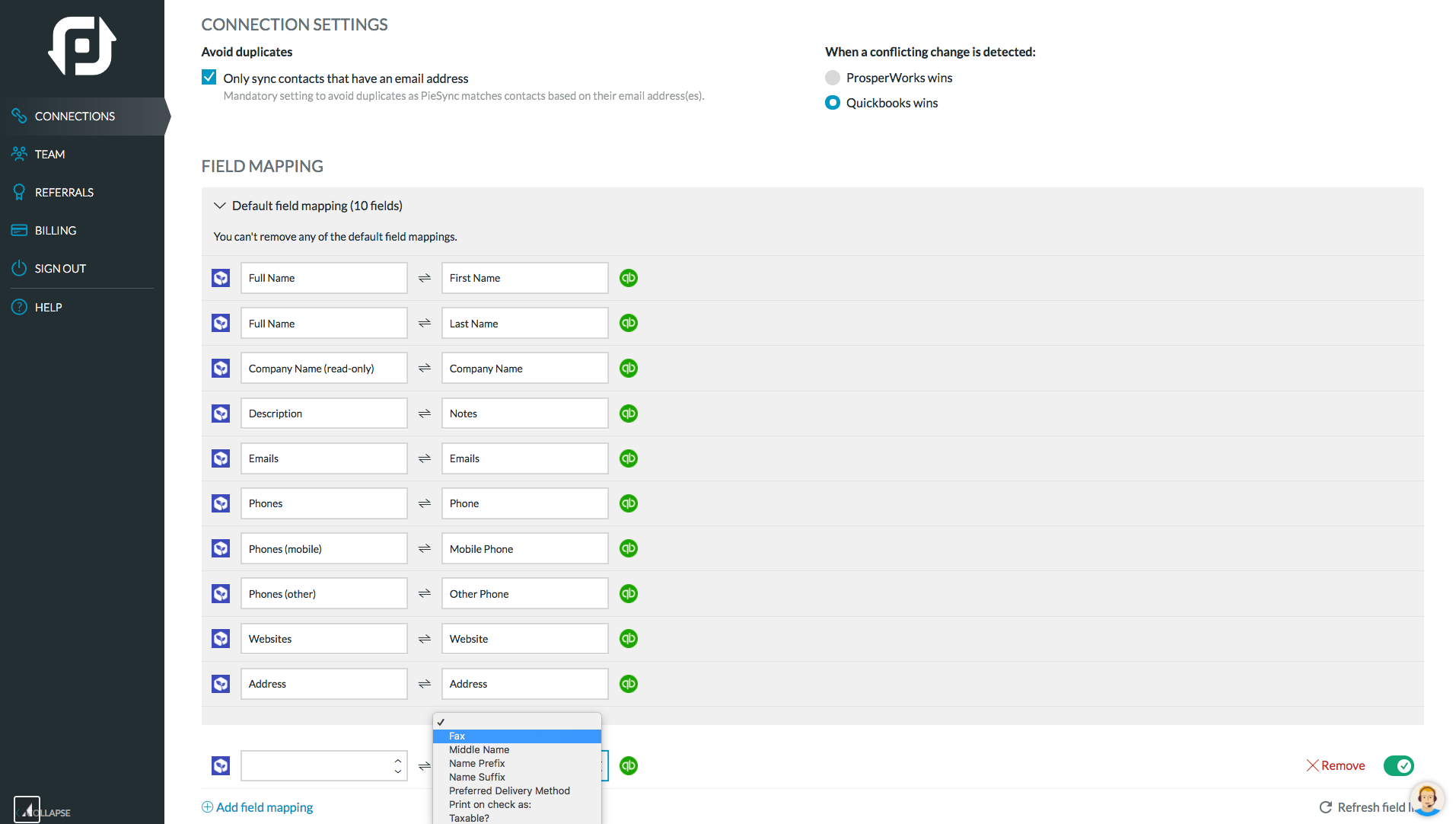 PieSync sets up the mapping, and you can add custom mappings too