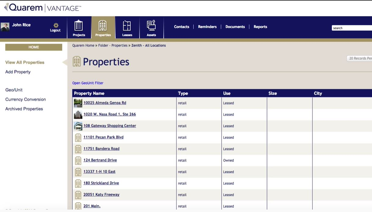Quarem Vantage Software - Quarem property lists