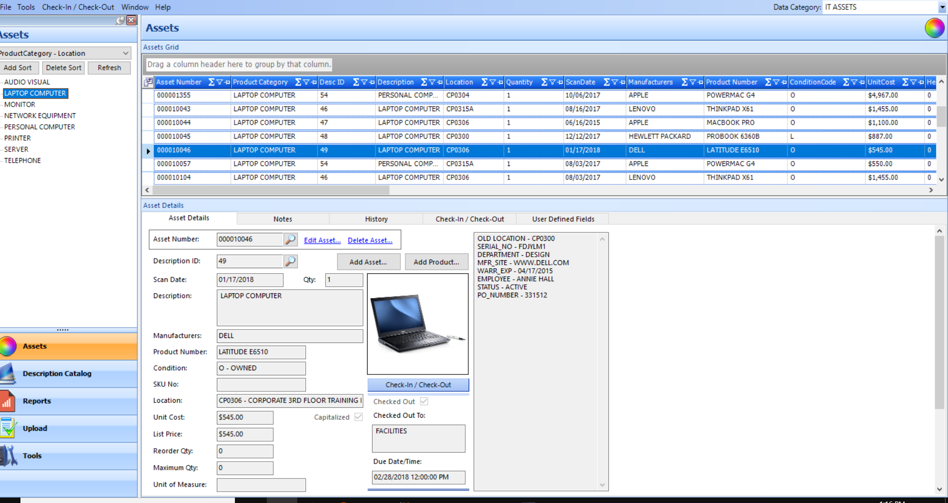 AssetWIN screenshot: AssetWIN asset details