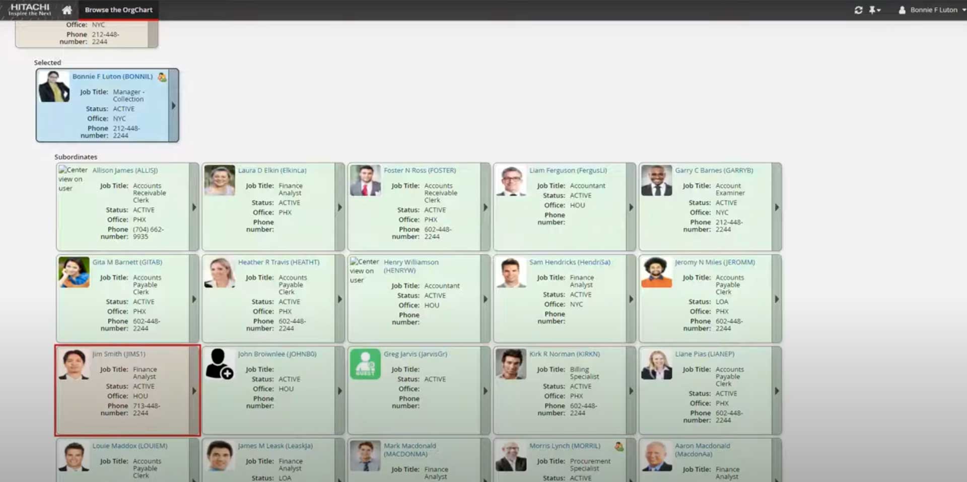 Bravura Identity screenshot: Hitachi ID Bravura Identity : Org Chart - Scheduled Termination of User