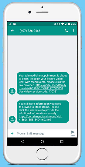 Mend Software - Requiring no special software or installation, patients need only click a link from a text message or an email to connect
