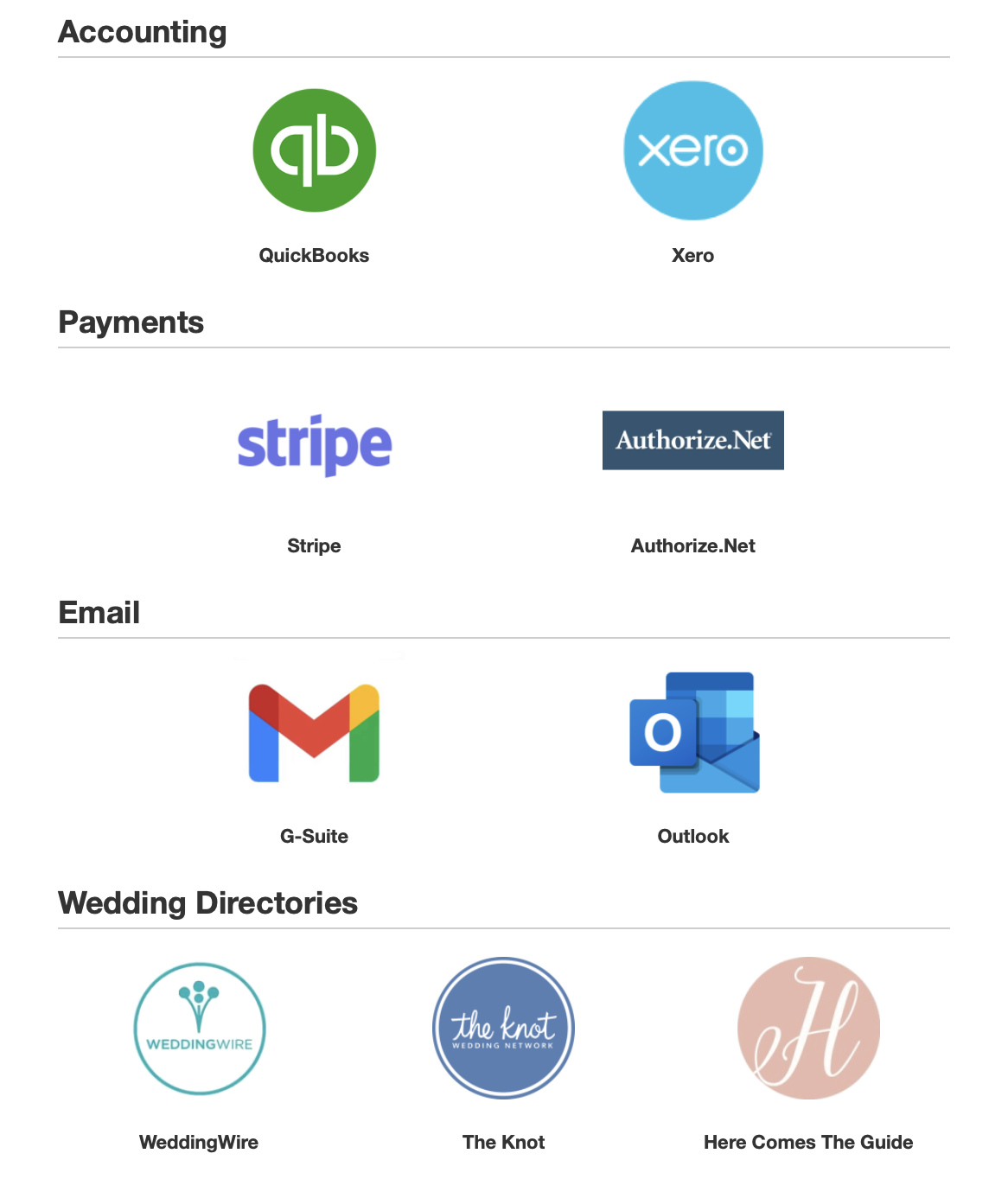 A small selection of our industry-leading integration options, including a live two-way sync with Quickbooks and Xero.