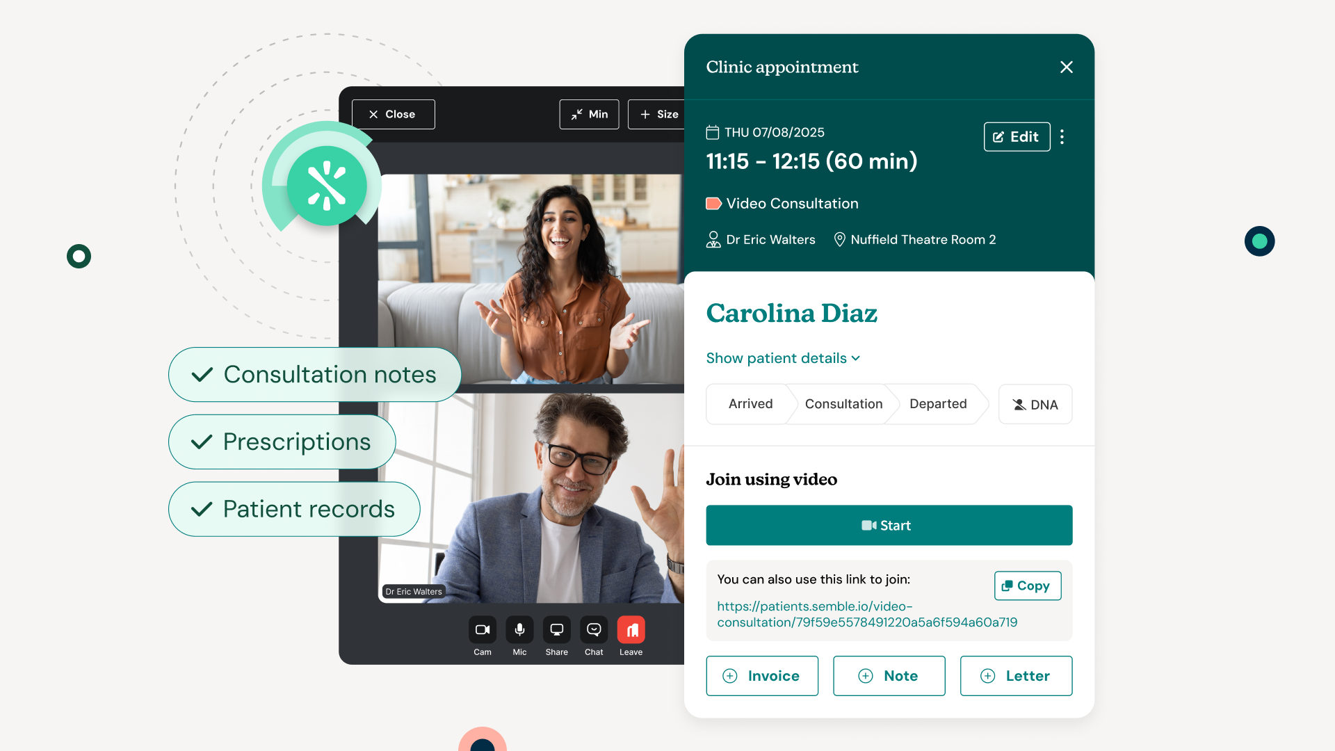 Semble Software - Semble makes telehealth seamless. Launch secure video consultations straight from your calendar, access patient records in real time, and use built-in tools like virtual waiting rooms for a smooth, professional experience.