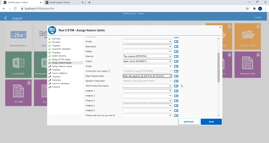 DataProcessor TJ screenshot: Import article information and classify according to ETIM is very easy with the step-by-step wizard