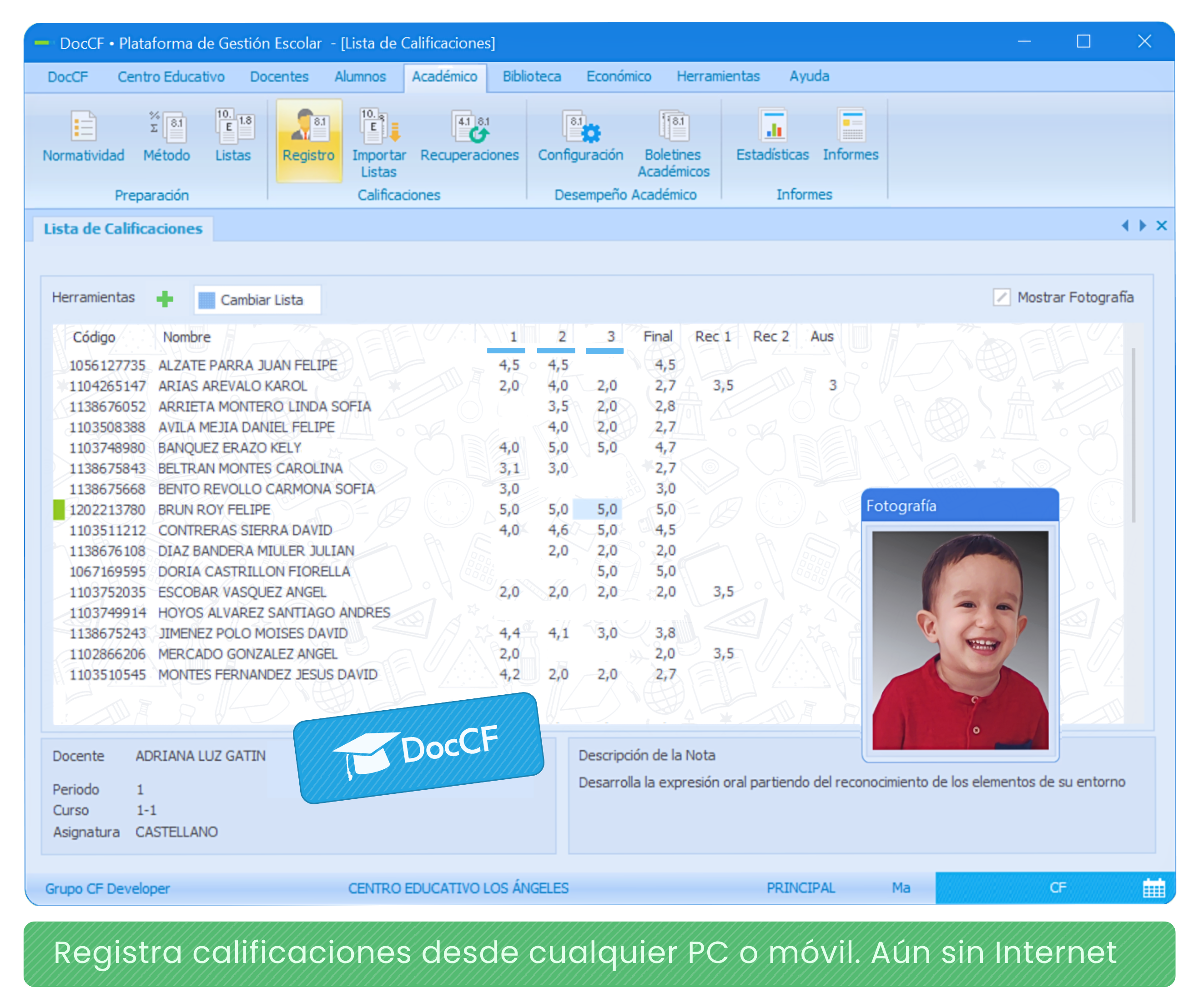 Plataforma DocCF screenshot: Plataforma DocCF grade management
