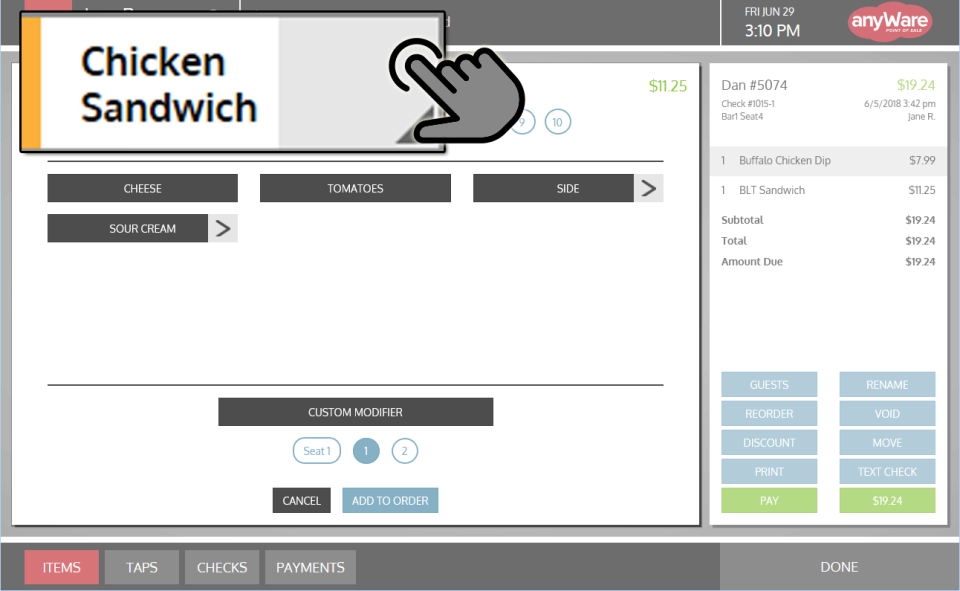 Touch the left side of a button to instantly open an order or order an item, then touch the right side to take a look at the check or modify an item