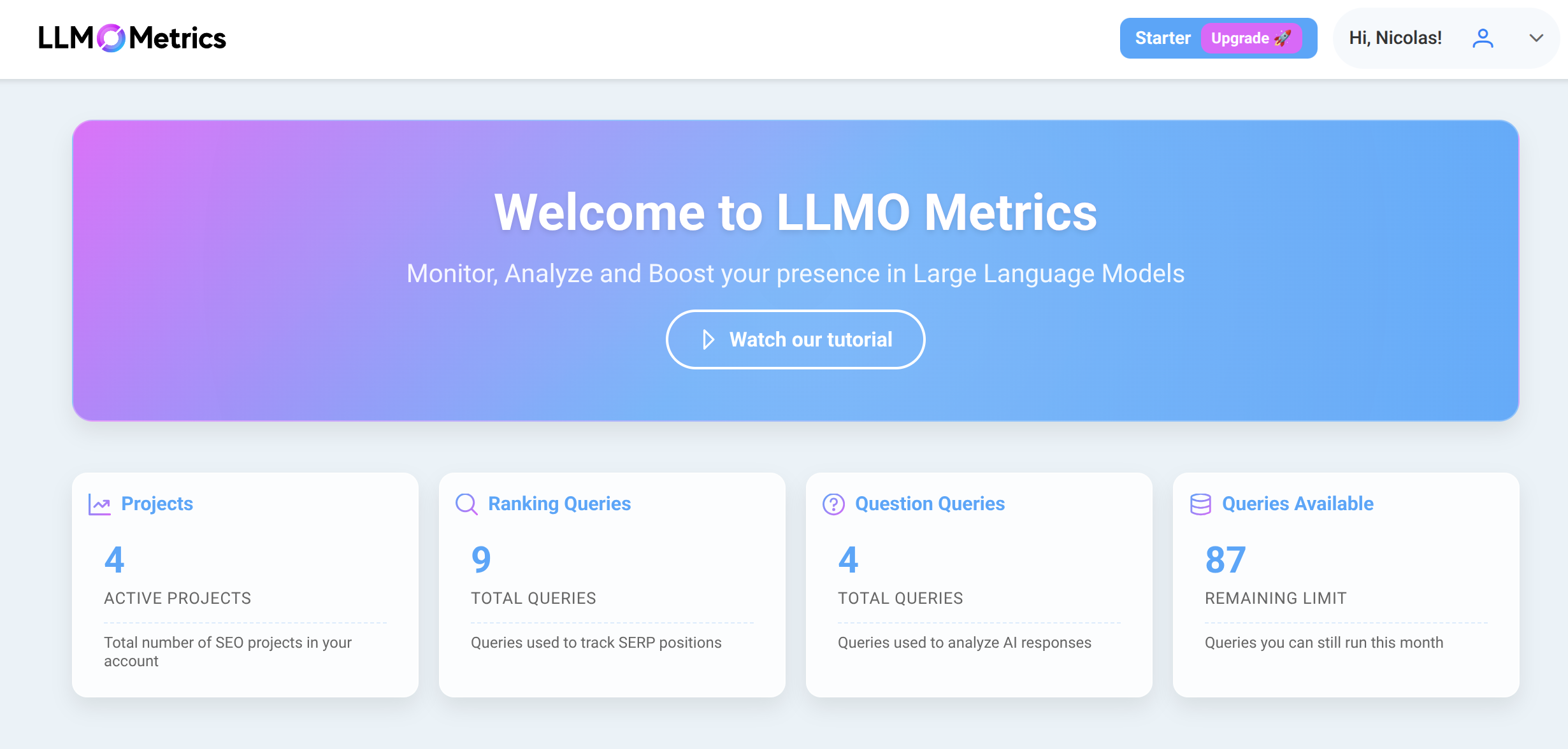 LLMO Metrics screenshot: LLMO Metrics dashboard for AI SEO: active projects, ranking & question queries, and remaining query quota for LLM visibility tracking.