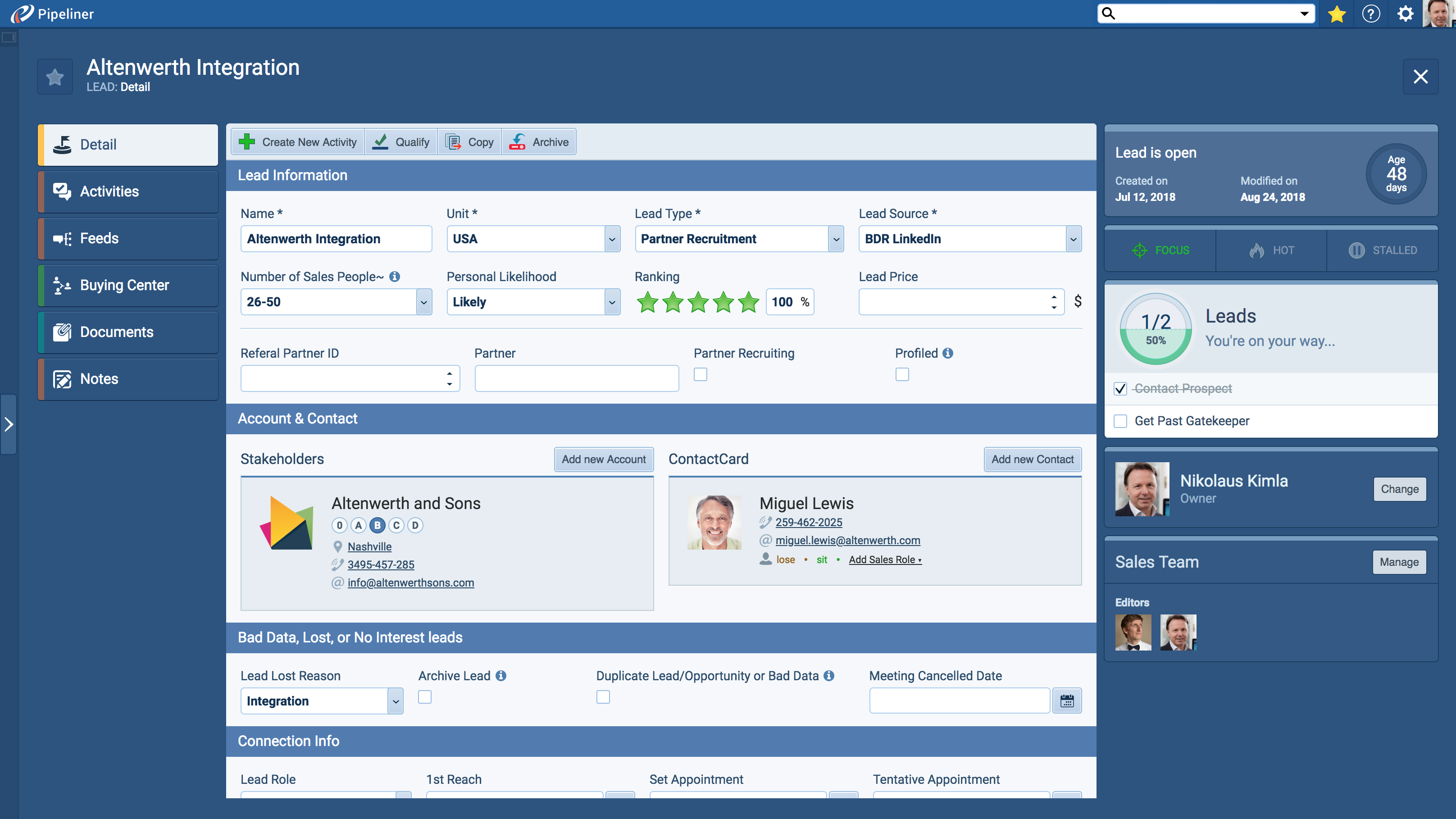 Pipeliner CRM Software - Sales lead detail view