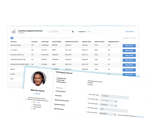 Certemy Employee Compliance Management screenshot: License Tracking with Reports & Dashboards. Visualize compliance with occupational and facility licenses, certifications, permits, and other credentials across your organization at a glance.