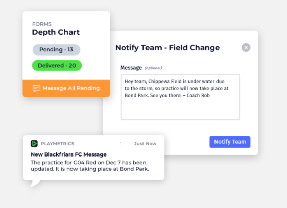 Keep everyone in sync with email, chat, text, alert, and push notifications. We've automated the most important messages so you can get time-sensitive updates out the door quickly. Field changes, registration deadlines, player updates, and more.
