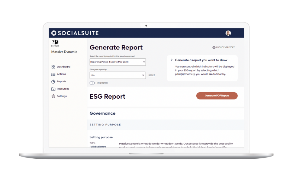 Socialsuite ESG generating reports for different audiences or reporting periods