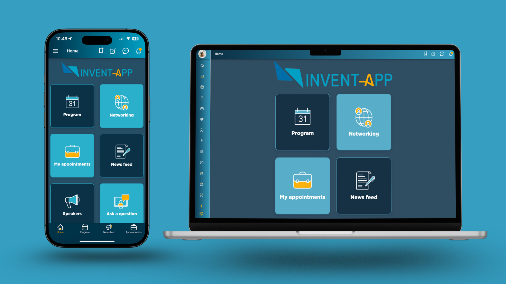 Invent App screenshot: The Invent App dashboard provides participants with quick access to the key features of the event: agenda, networking, appointments, news feed, speakers, and Q&A. Whether on mobile or desktop, the interface is intuitive, visually consistent, and fully.