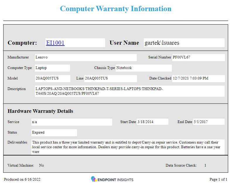 Endpoint Insights screenshot: Endpoint Insights warranty information