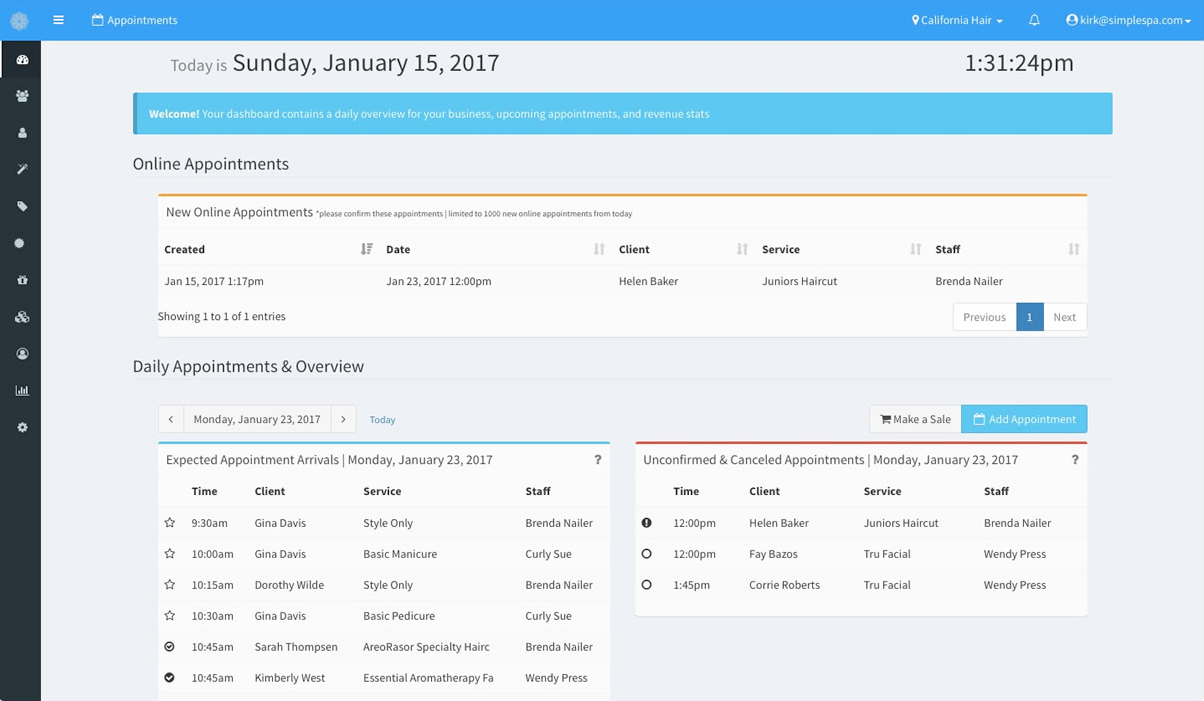 Users can view all expected arrivals, as well as any cancellations or unconfirmed appointments