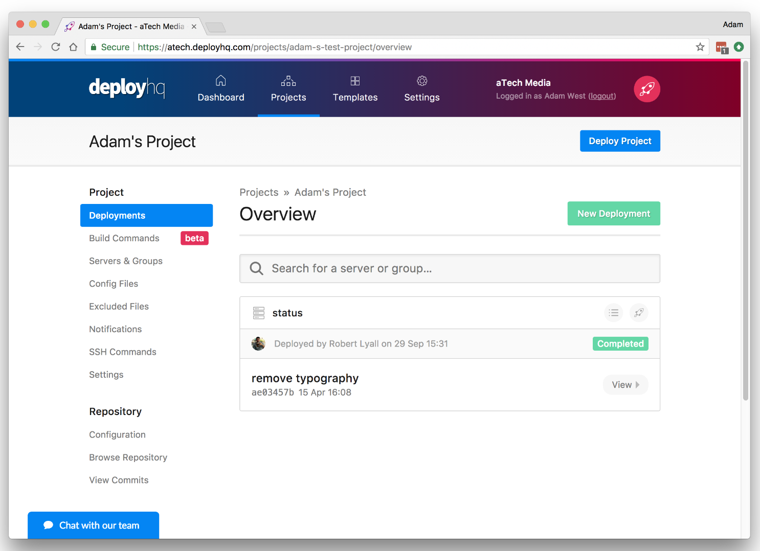 DeployHQ Software - Deployments view