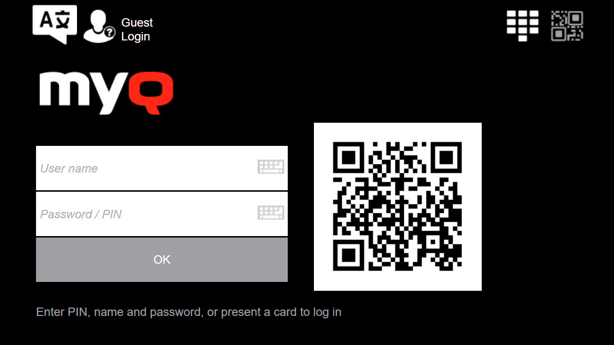 MyQ X Software - Login at the MyQ X embedded terminal. The dynamic QR code enables a secure, hands-free login into the MFD.
