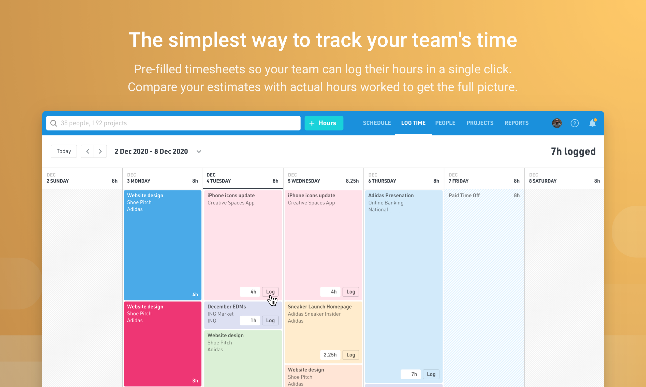 Float time tracking integrates with your resource schedule to give you a clear picture of your team’s estimated time vs. actuals. Timesheets are pre-filled based on your team’s planned workload, and hours can be logged in a single-click.
