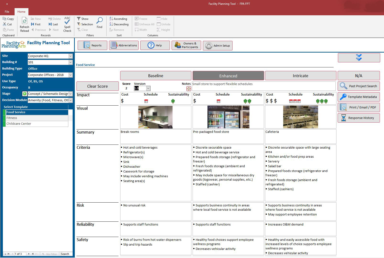 Sample template illustrating how information is organized in the Facility Planning Tool, with over 90 templates included in the program