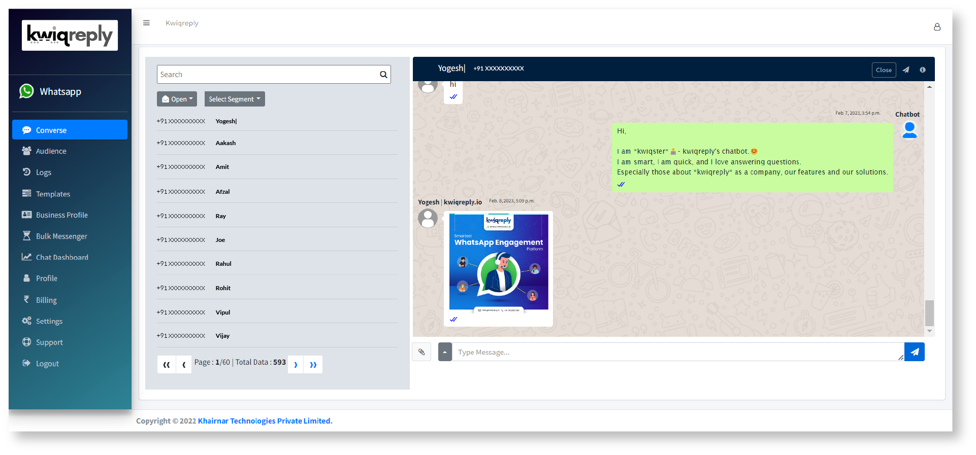 Chats Section of the Platform of kwiqreply, where users can converse and track individual conversation with customers