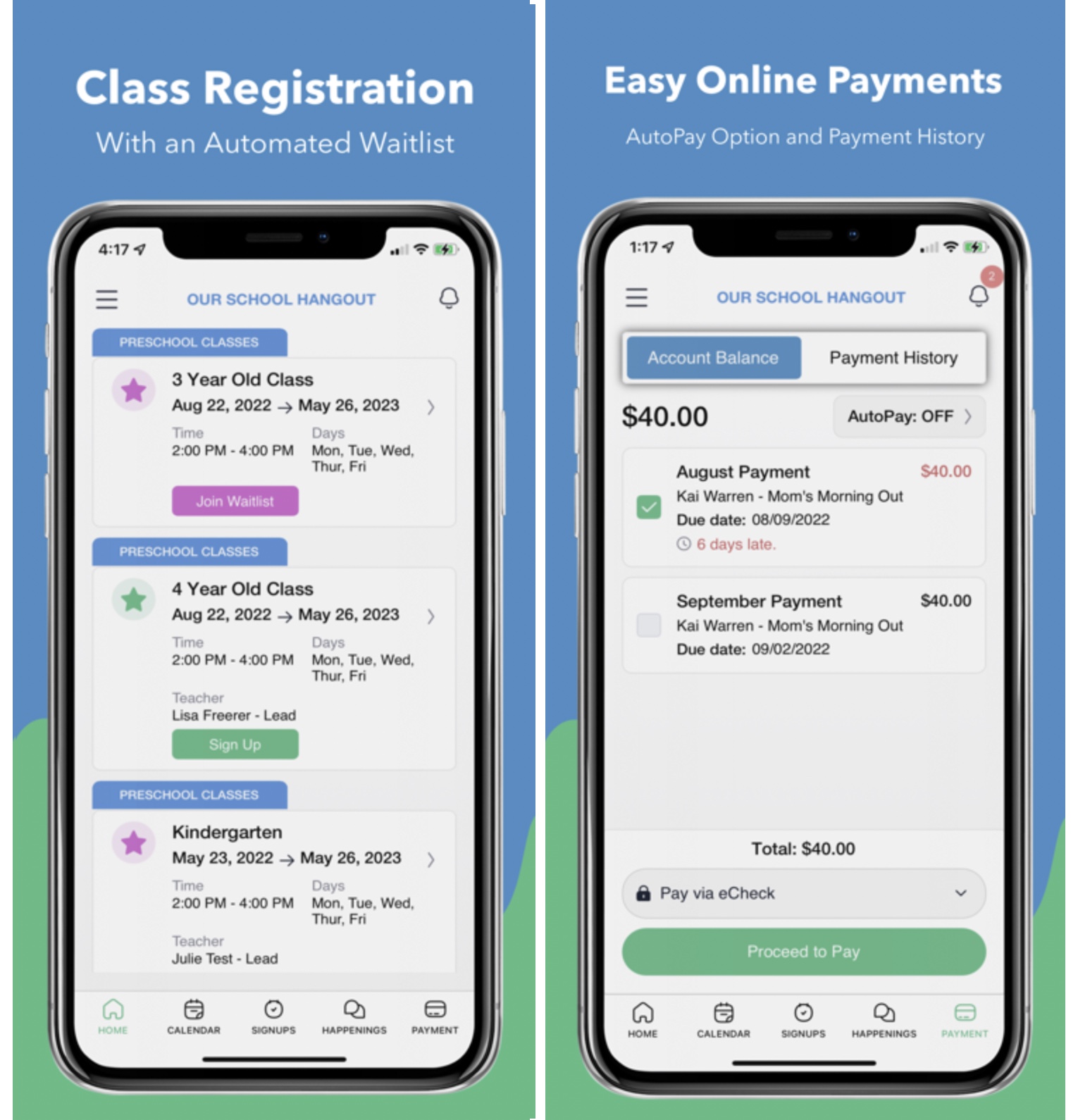 The app seamlessly integrates class registration and tuition payments, offering parents the convenience of AutoPay, and easy access to download payment history and tax receipts, ensuring a streamlined and efficient user experience.