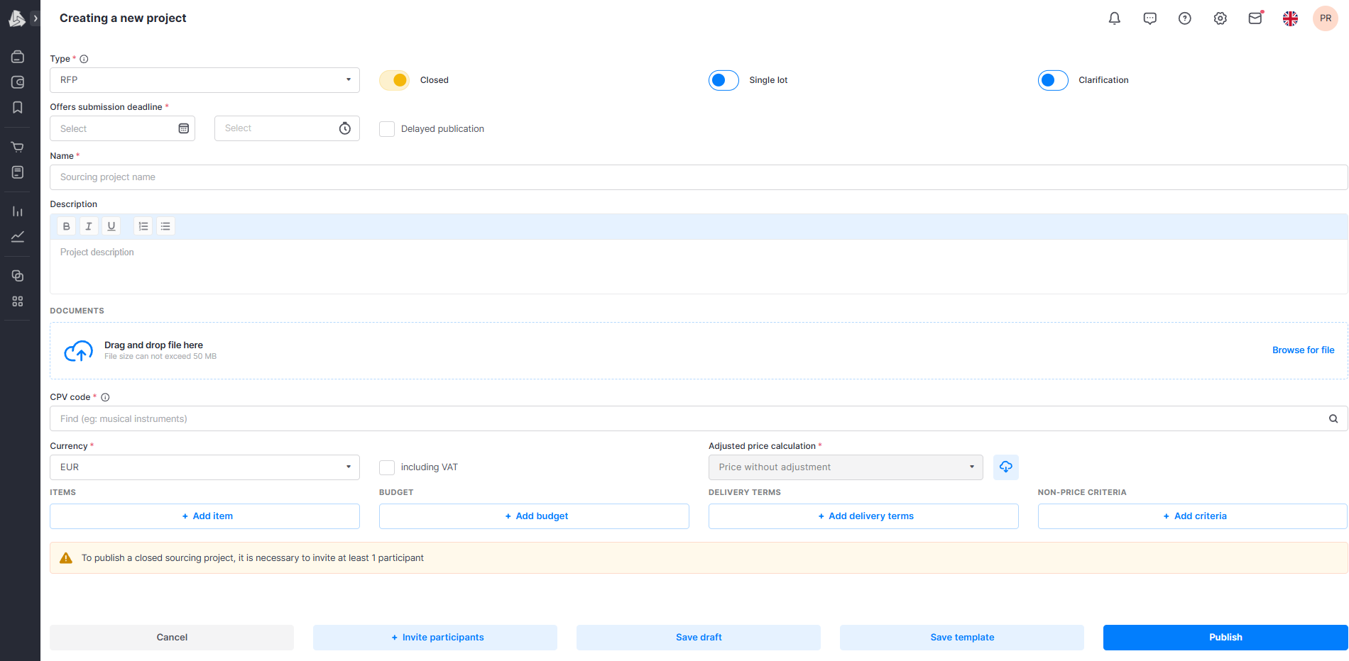 eTender screenshot: eTender market research