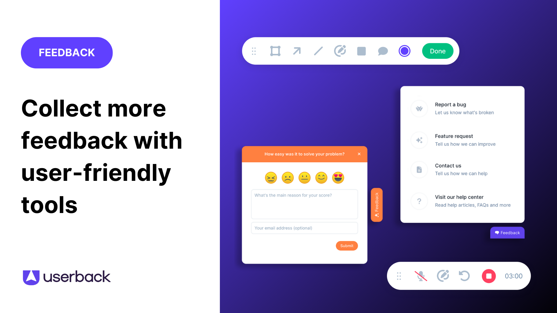 Userback screenshot: Collect highly contextual and precise feedback from your users with annotated screenshots, video recordings, and metadata.