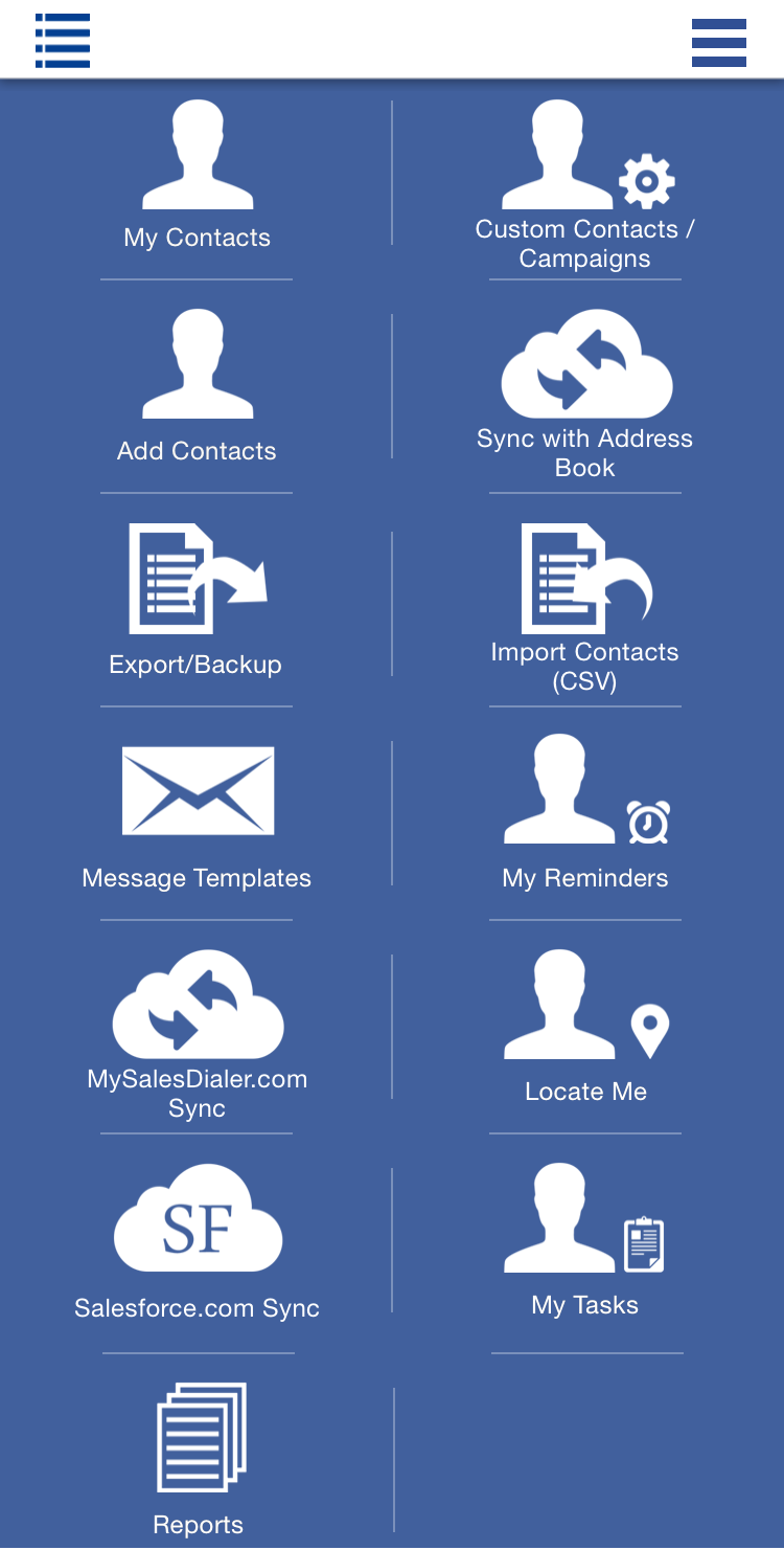 MySalesDialerPro|FieldWorkMobility screenshot: iOS Main Page