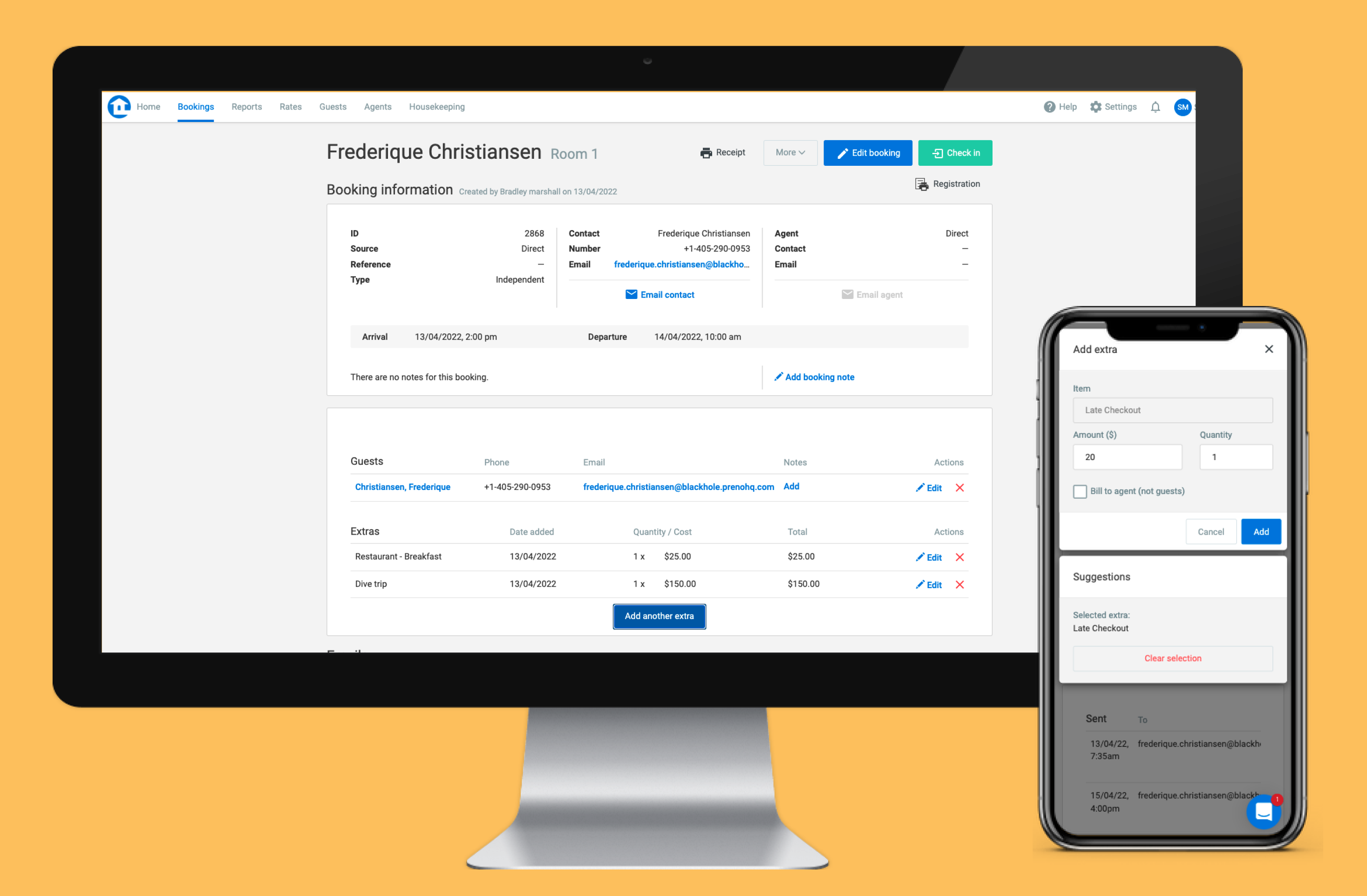 Preno's PMS Guest Profile Functionality | Store credit card details and preferences within Preno, by building comprehensive guest profiles. Remember preferences like favourite rooms or coffee to personalise guest experiences.