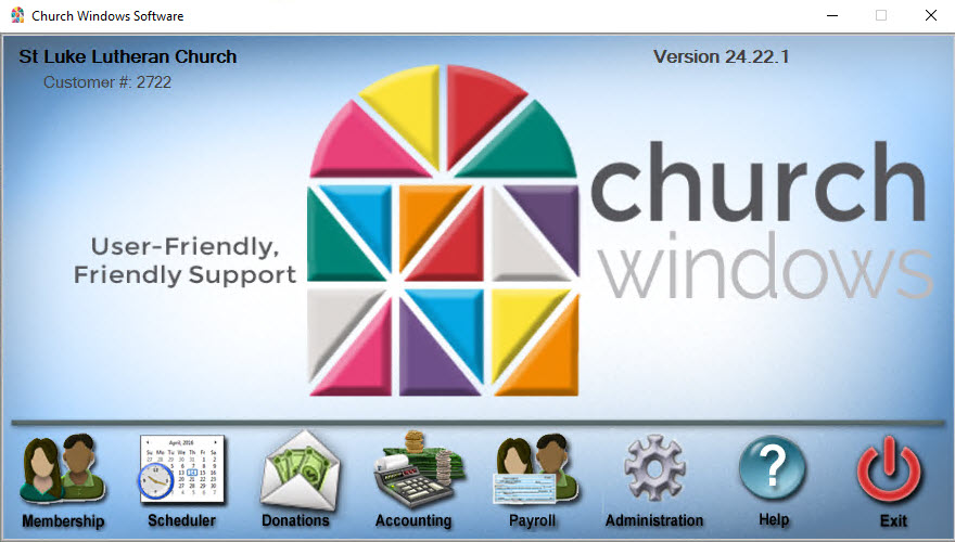 Church Windows Opening screen.  Membership, Scheduler, Donations, Accounting, and Payroll Modules available.