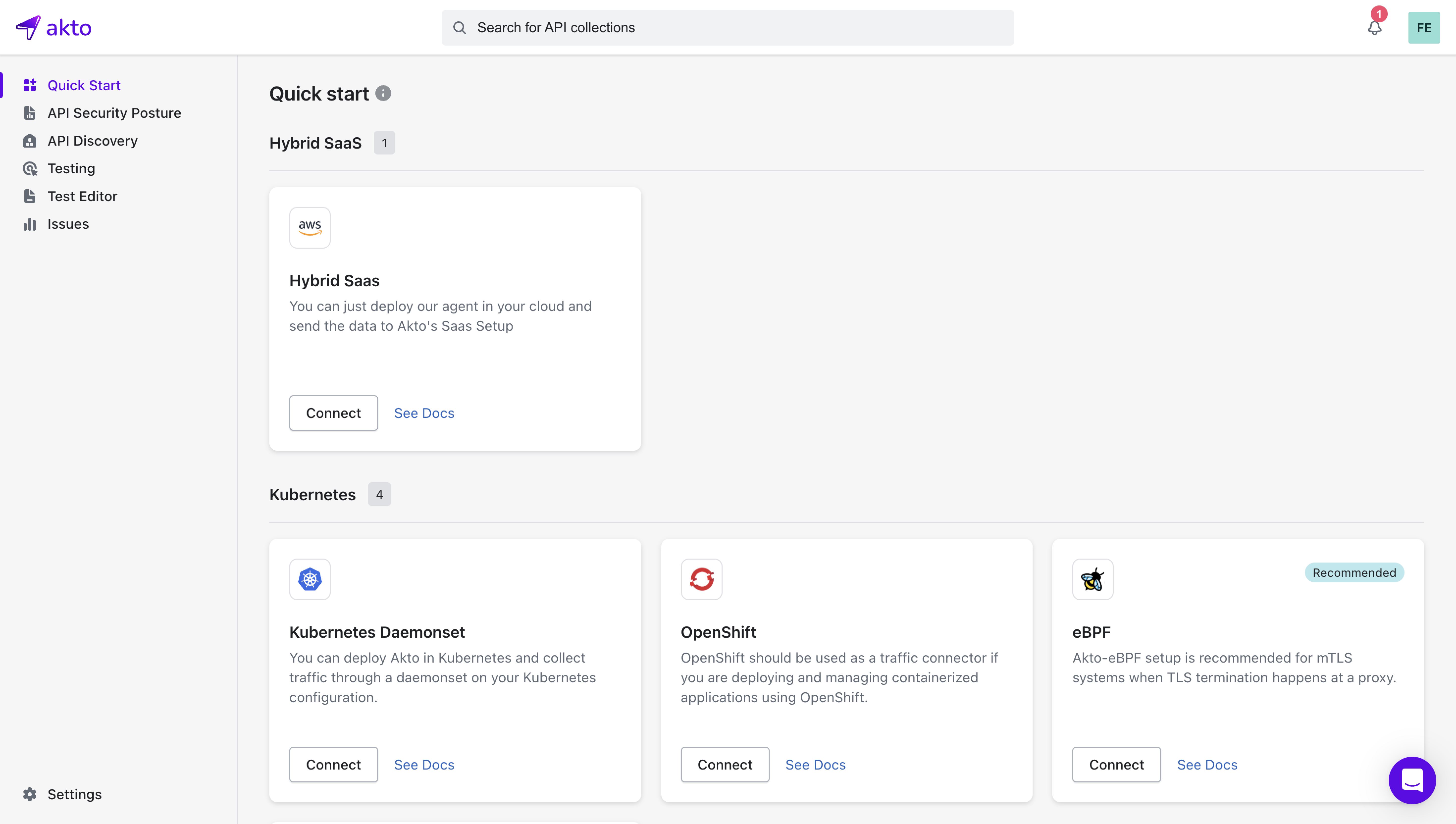 Akto screenshot: Akto offers over 40+ traffic connectors, including Kubernetes, eBPF, GCP, AWS,Azure, DaemonSet, source code like Github and Gitlab, and various API Gateways (Kong, Apigee,Nginx), ensuring seamless integration across any infrastructure. 