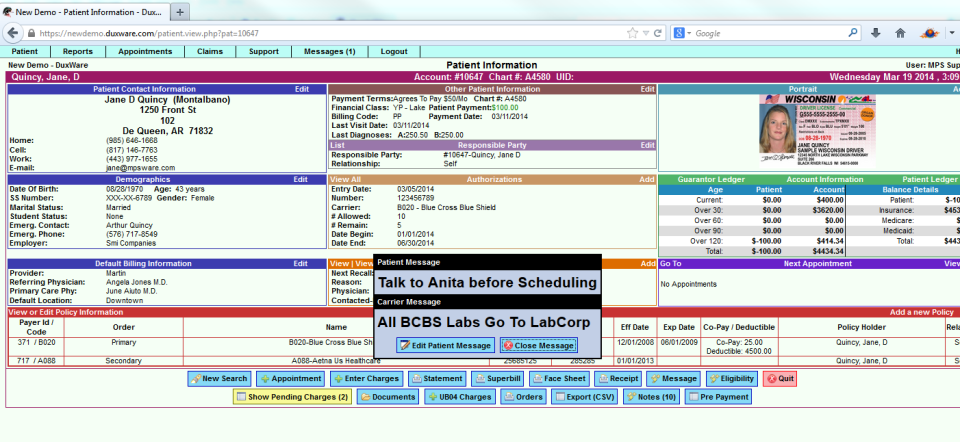 DuxWare Software - Duxware patient information screenshot