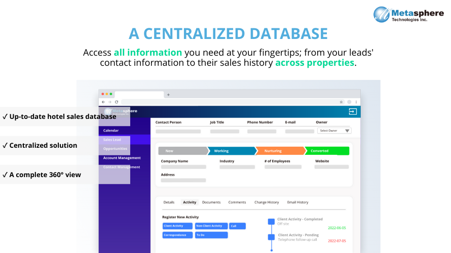 Sales Account Management screenshot: Metasphere Technologies Inc. - A hotel sales CRM software with a centralized database to unify all hotel sales data.