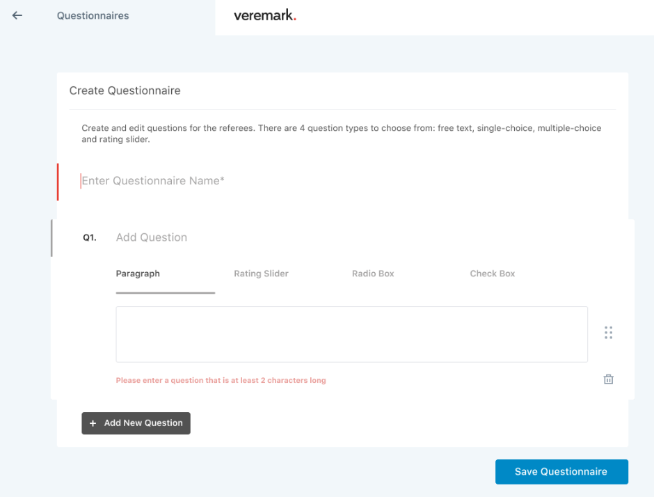Veremark create questionnaire