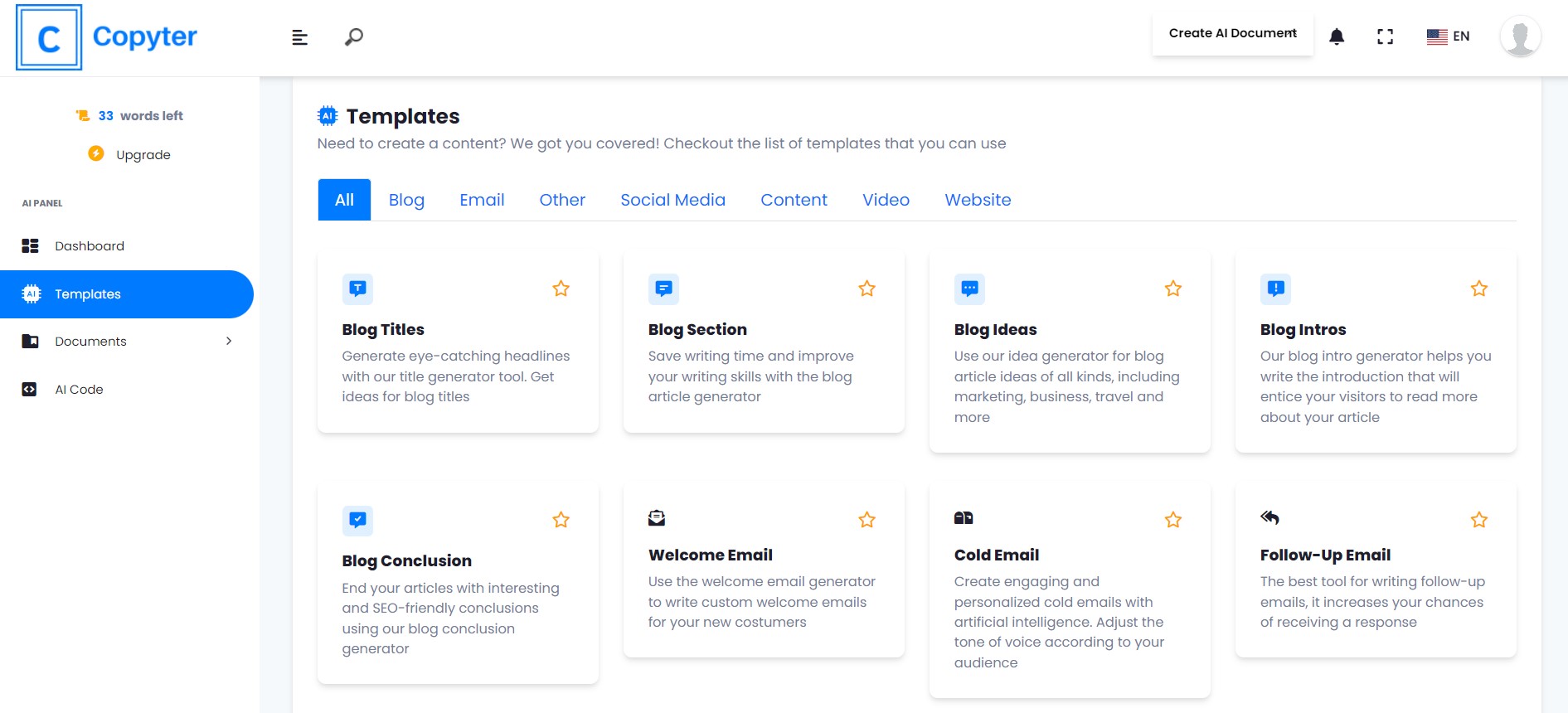 Copyter screenshot: AI Tools for Create Content, includes more than 38 different tools.