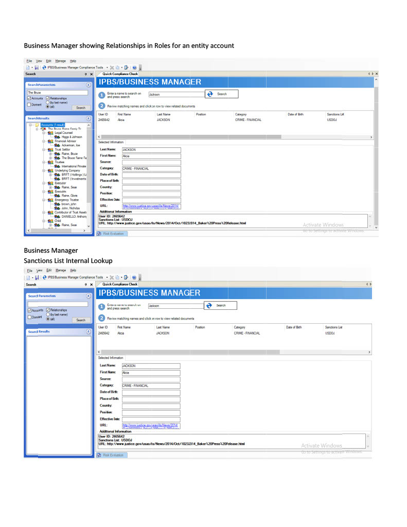 IPBS screenshot: Business Manager - Entity Relationships & Sanctions screening  in house.