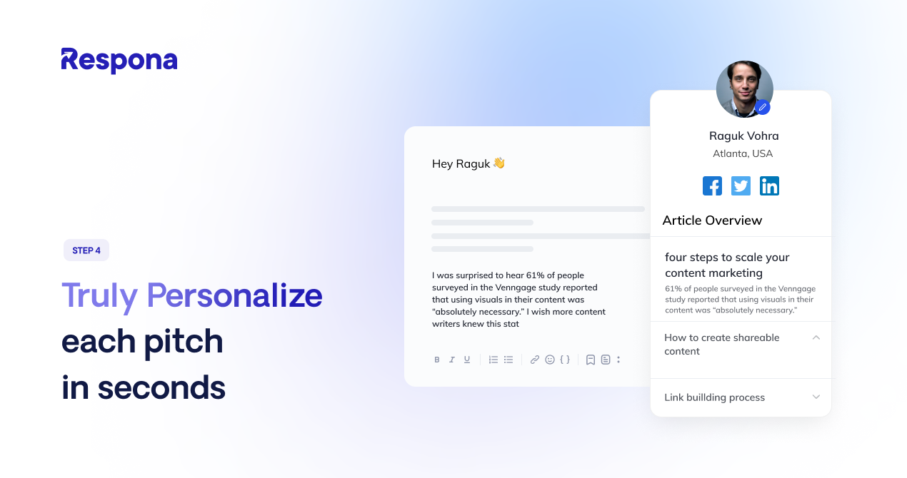Leverage Respona's AI assistant to analyze content crafted by influencers, enabling you to swiftly personalize each pitch for improved response rates.