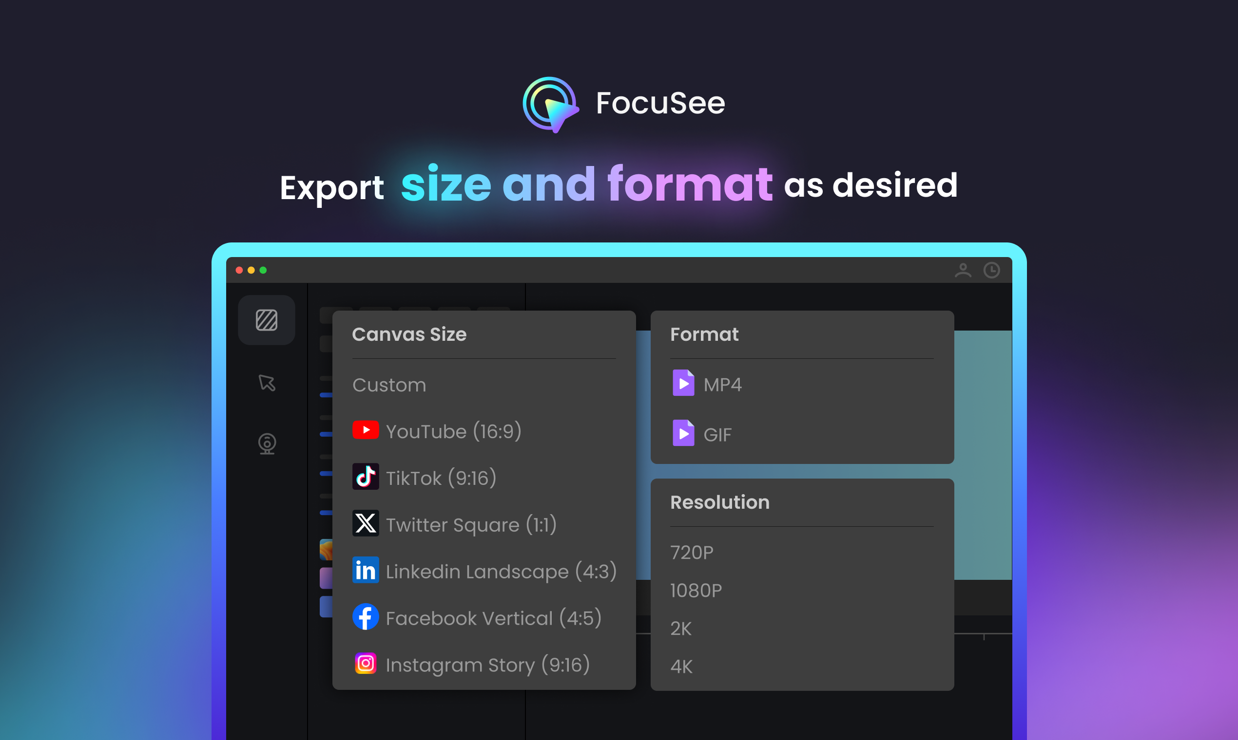 FocuSee multiple export size and format options