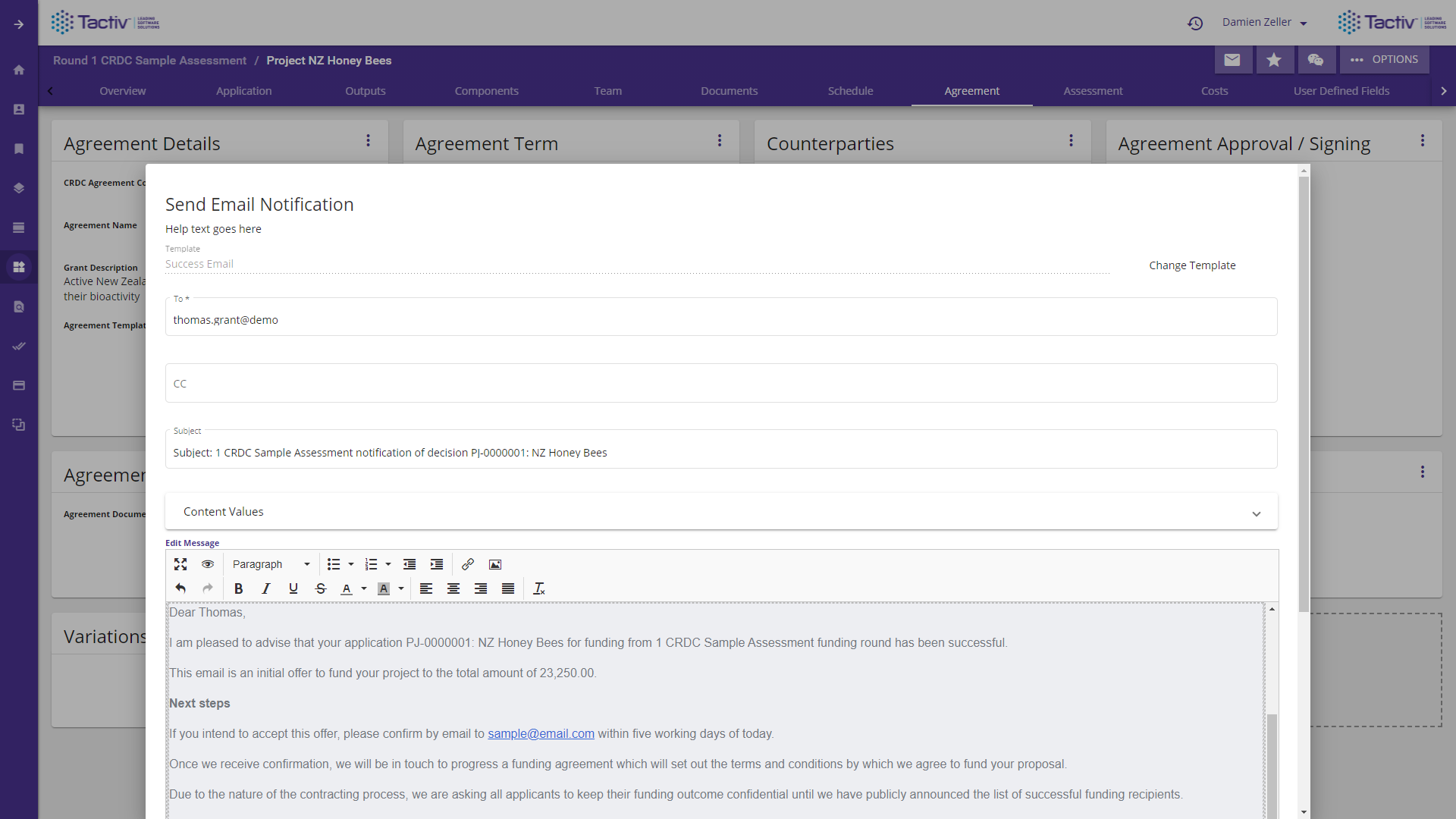Notify applicants of acceptance with configurable email templates