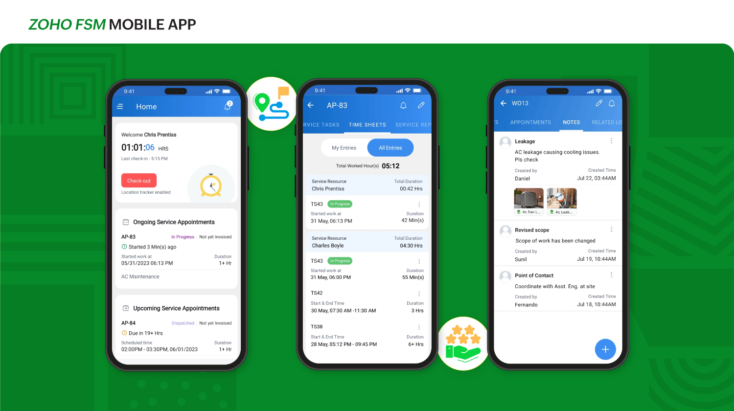 The Zoho FSM mobile app empowers field agents with customer and job details. It allows them to navigate to the job site and lets them log trips and timesheets and add notes and photos.