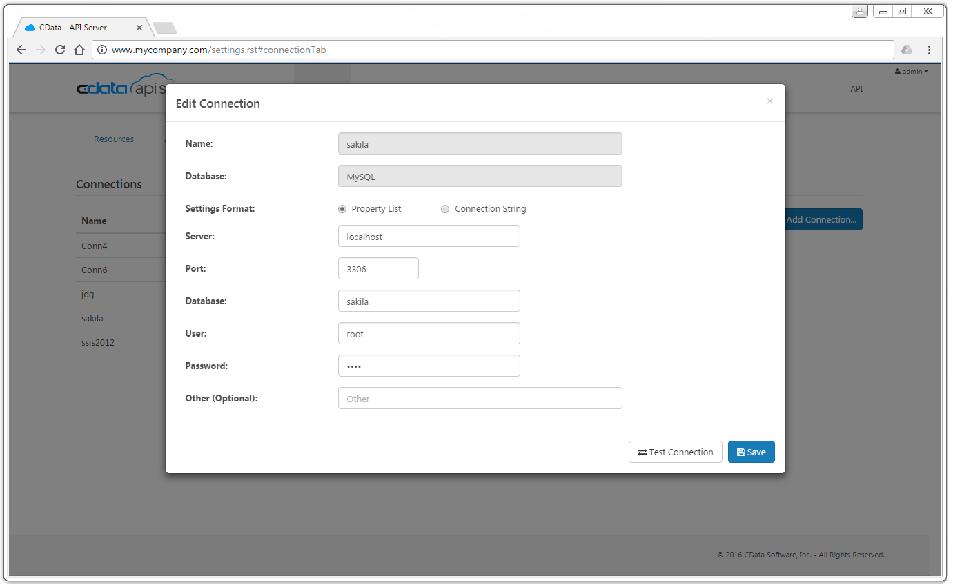 API Server screenshot: Connect to any database and select tables