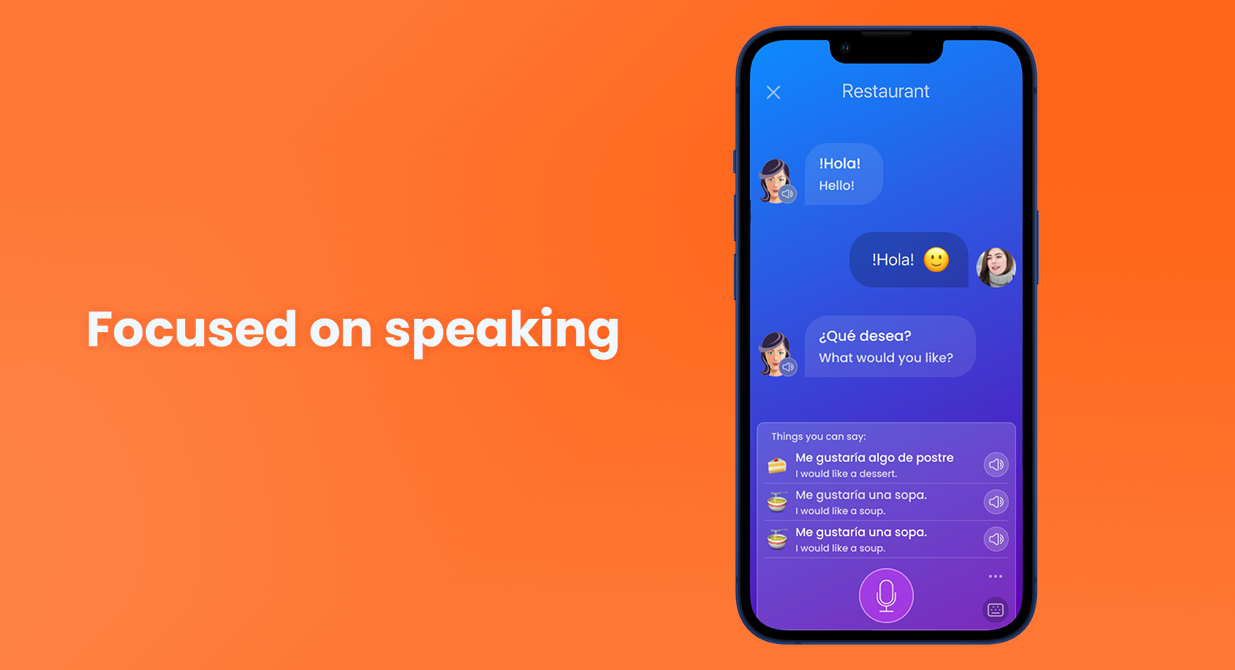 Once you’ve learned new words, you can practice using them in conversation. Using speech recognition, the chatbot will provide feedback on your pronunciation, and will help you with suggestions. Perfect for your journey to fluency!