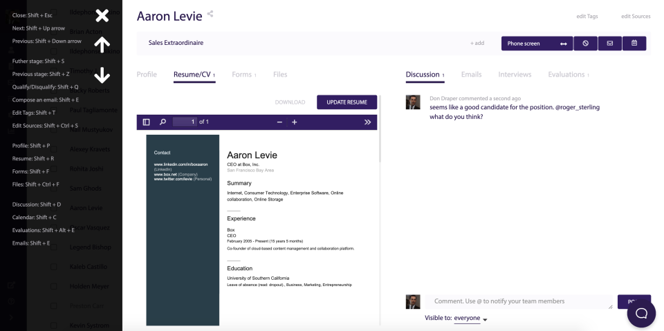 100Hires Software - Candidate profile