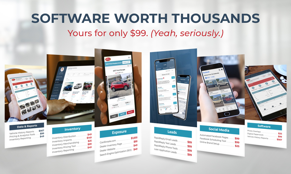 For just $99 a month, you get access to over $3,000 worth of technology that is designed to drive results, generate leads, and help you sell more cars!