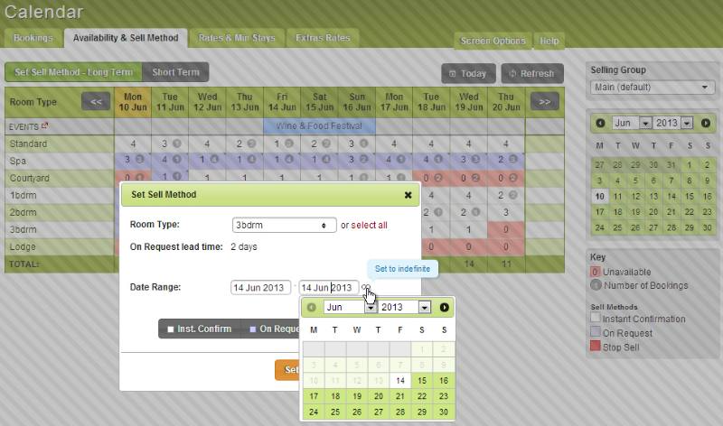 iBex PMS Software - Set sell method popup box, allowing room type and date range to be stipulated using the calendar controls