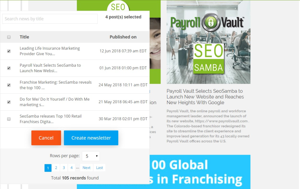 SeoSamba Email Marketing screenshot: Newsletters created directly from blogs