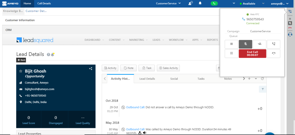 Ameyo FusionCX screenshot: Gather customer service requests from multiple platforms and manage clients with the built-in CRM